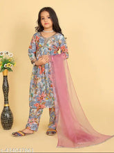 Girls' Kora Muslin kurtas set with net dupatta, three-quarter sleeves, printed pattern, single size available